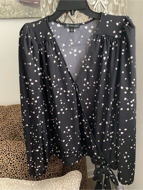 INC International Concepts Black Blouse with White Dot Print
